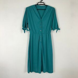 Vintage‎ 1980s Dress Size M Green 3/4 Sleeve Polyester Accent Ties on Sleeves